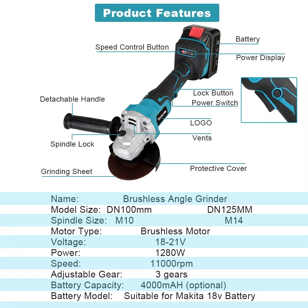 Brushless Angle Grinder Battery Powered - 125/100mm Angle Grinder Brushless Variable 3-Speed